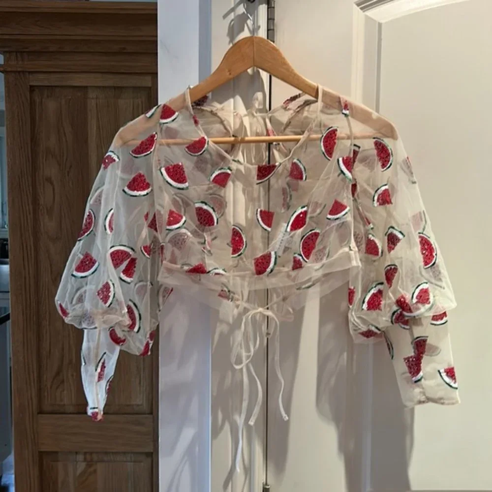 TOPSHOP women’s watermelon print sequins sheer top US 4 - Picture 3 of 9